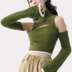 Mossy Cutout Fuzzy Crop Top - Y2K Aesthetic Cute Top for Cozy Vibes