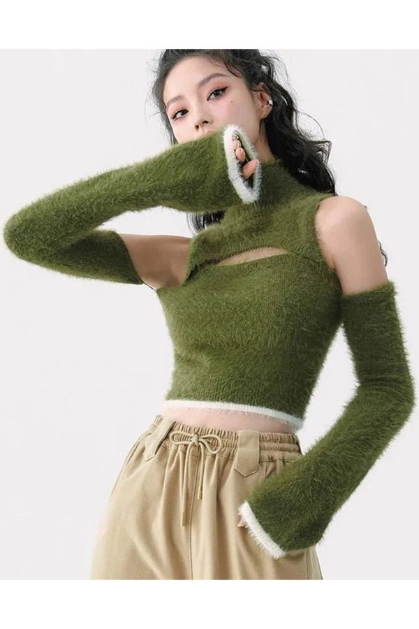 Mossy Cutout Fuzzy Crop Top - Y2K Aesthetic Cute Top for Cozy Vibes