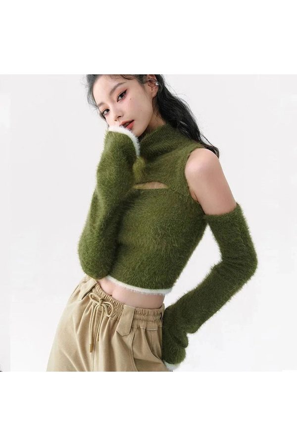 Mossy Cutout Fuzzy Crop Top - Y2K Aesthetic Cute Top for Cozy Vibes