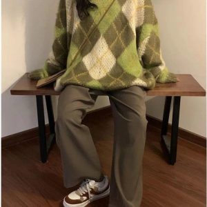 Mossy Plaid Oversized Sweater - Y2K Aesthetic Cozy Layering Essential