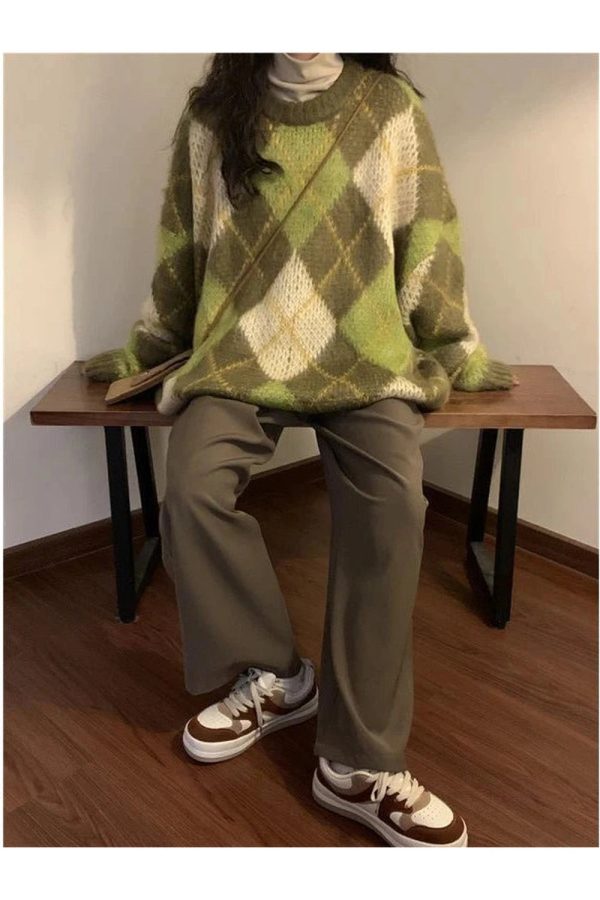 Mossy Plaid Oversized Sweater - Y2K Aesthetic Cozy Layering Essential