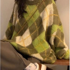 Mossy Plaid Oversized Sweater - Y2K Aesthetic Cozy Layering Essential