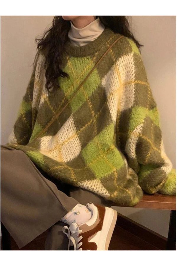 Mossy Plaid Oversized Sweater - Y2K Aesthetic Cozy Layering Essential