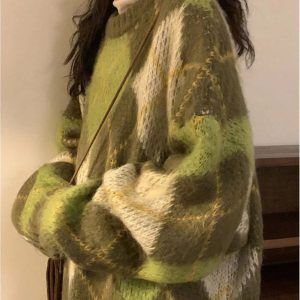 Mossy Plaid Oversized Sweater - Y2K Aesthetic Cozy Layering Essential