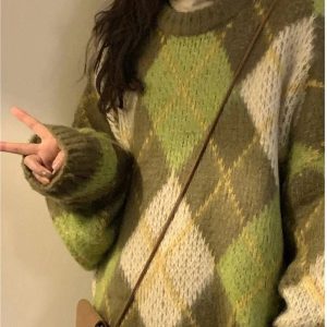 Mossy Plaid Oversized Sweater - Y2K Aesthetic Cozy Layering Essential