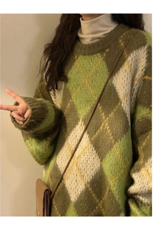 Mossy Plaid Oversized Sweater - Y2K Aesthetic Cozy Layering Essential