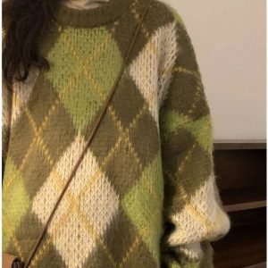 Mossy Plaid Oversized Sweater - Y2K Aesthetic Cozy Layering Essential