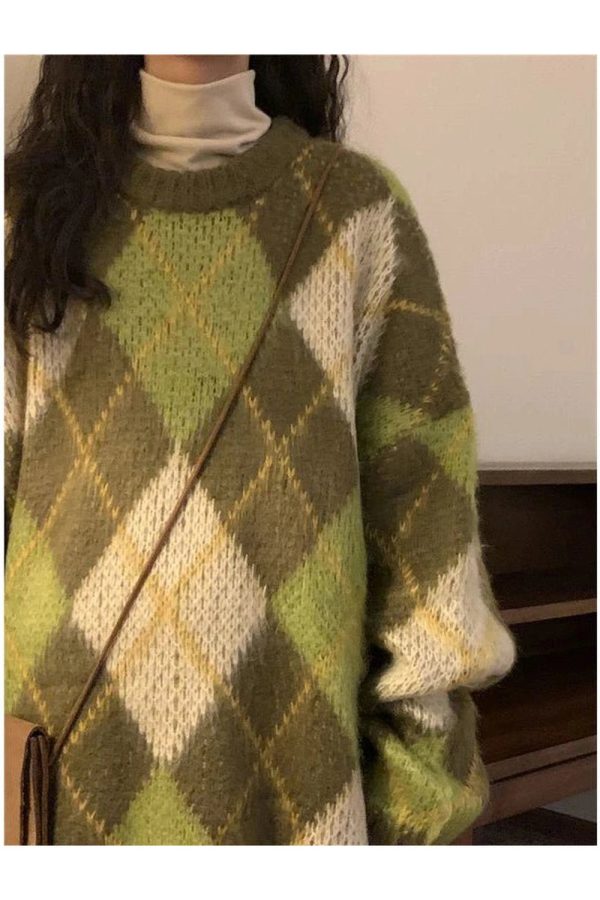 Mossy Plaid Oversized Sweater - Y2K Aesthetic Cozy Layering Essential