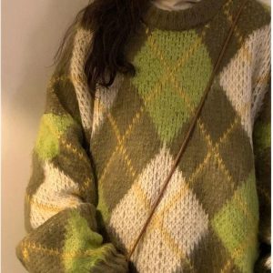 Mossy Plaid Oversized Sweater - Y2K Aesthetic Cozy Layering Essential