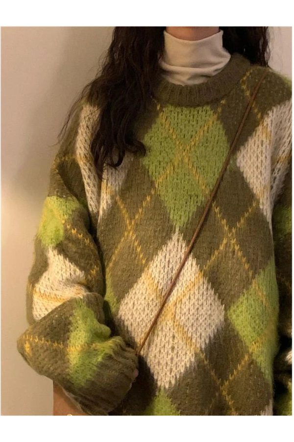 Mossy Plaid Oversized Sweater - Y2K Aesthetic Cozy Layering Essential