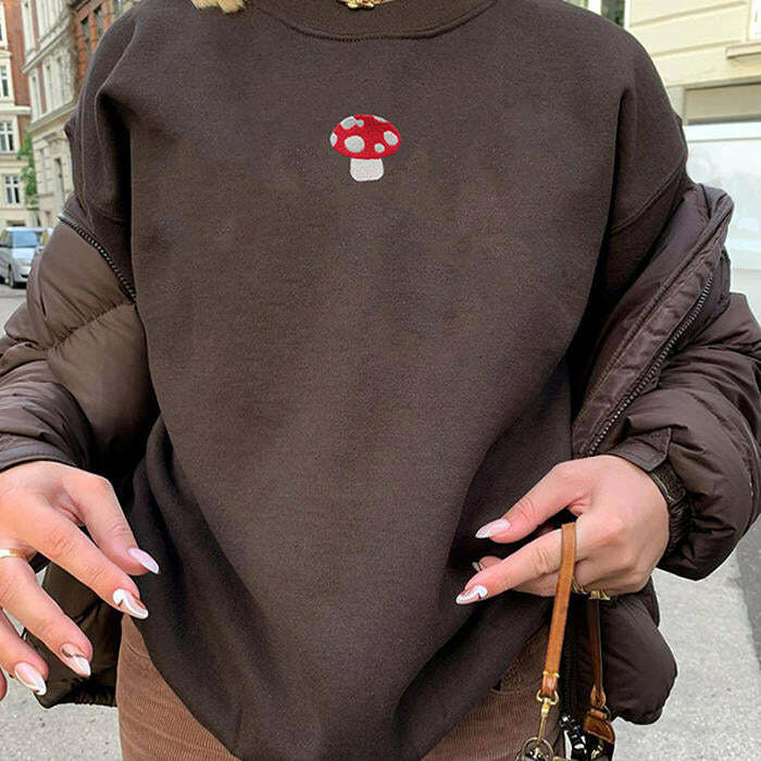 Mushroom Embroidery Y2K Aesthetic Sweatshirt for Cozy Style