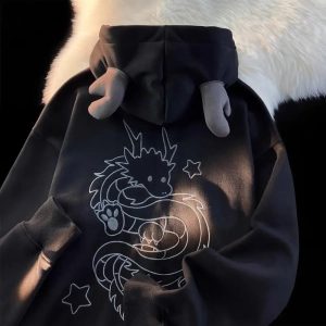 Mystic Dragon Hoodie with Horns - Y2K Aesthetic Comfy Style