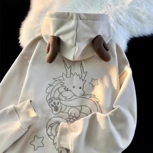 Mystic Dragon Hoodie with Horns - Y2K Aesthetic Comfy Style