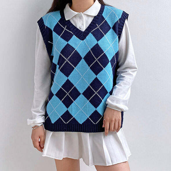 Navy Blue Argyle Vest - Y2K Aesthetic Preppy Style for Trendy Outfits