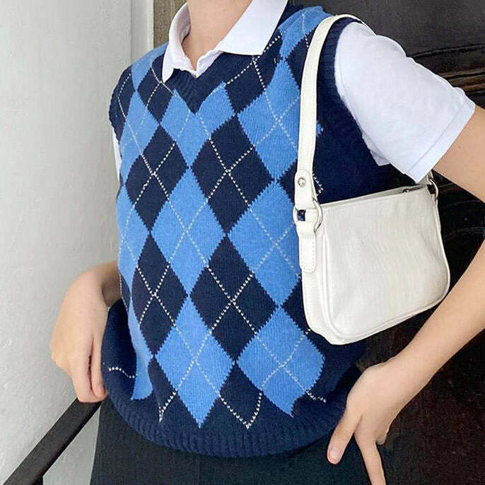 Navy Blue Argyle Vest - Y2K Aesthetic Preppy Style for Trendy Outfits