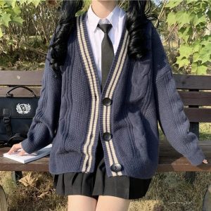 Navy Preppy Varsity Cardigan - Y2K Aesthetic Cozy Layering Essential