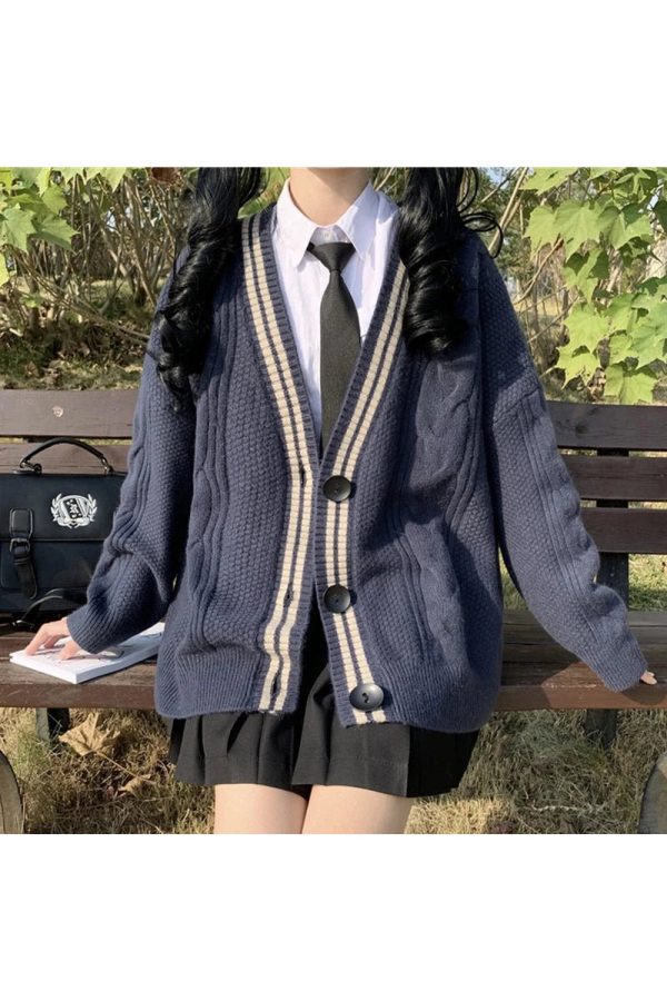 Navy Preppy Varsity Cardigan - Y2K Aesthetic Cozy Layering Essential