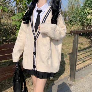 Navy Preppy Varsity Cardigan - Y2K Aesthetic Cozy Layering Essential