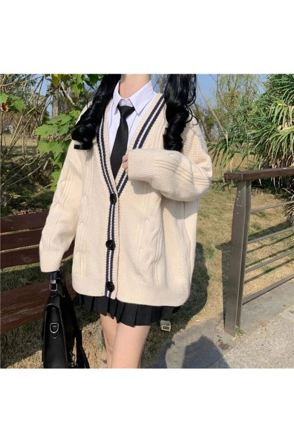 Navy Preppy Varsity Cardigan - Y2K Aesthetic Cozy Layering Essential