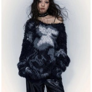 Nebula Fuzz Distressed Sweater - Y2K Aesthetic Grunge Style Top