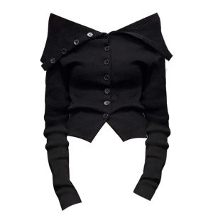 Noir Off-Shoulder Button-Up Cardigan for Y2K Aesthetic & Grunge Style