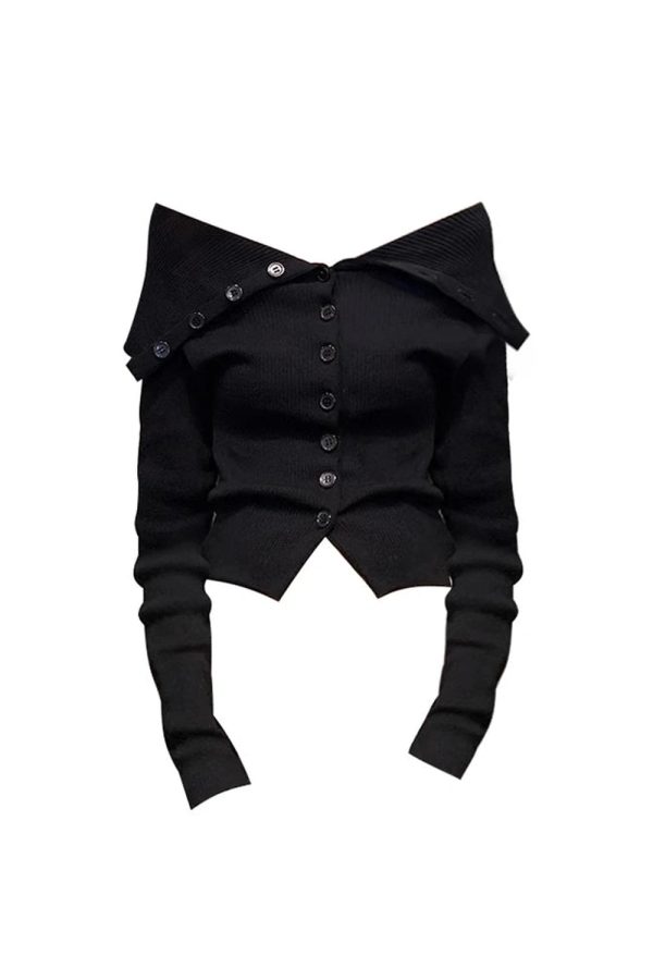 Noir Off-Shoulder Button-Up Cardigan for Y2K Aesthetic & Grunge Style