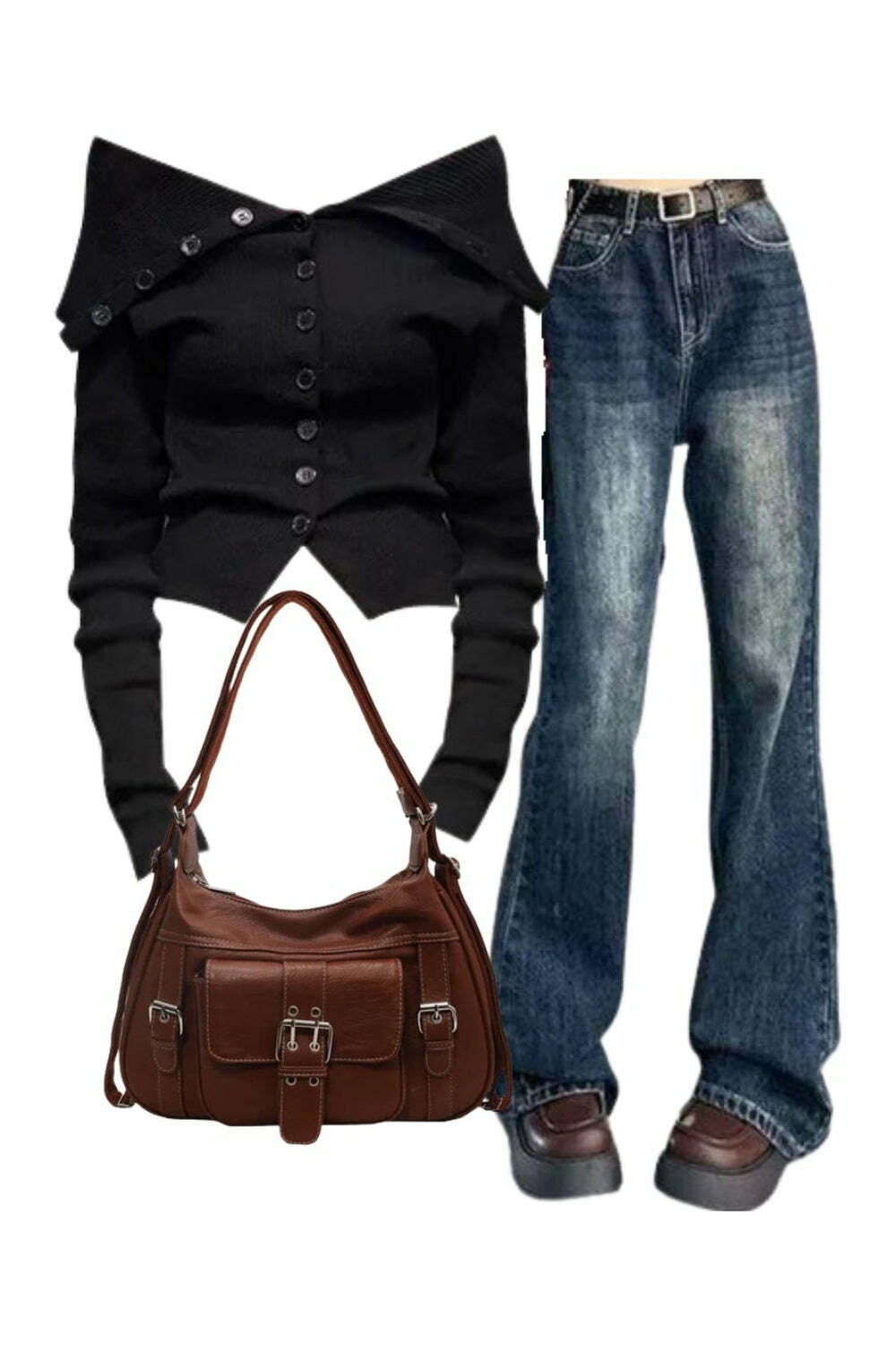 Noir Off-Shoulder Cardigan with Vintage Flare Jeans & Buckled Satchel Bag