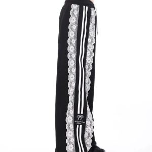 Noir Romance Y2K Aesthetic Track Pants for Grunge and Coquette Styles