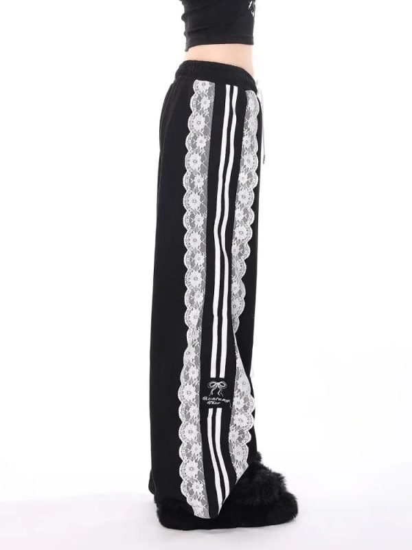 Noir Romance Y2K Aesthetic Track Pants for Grunge and Coquette Styles