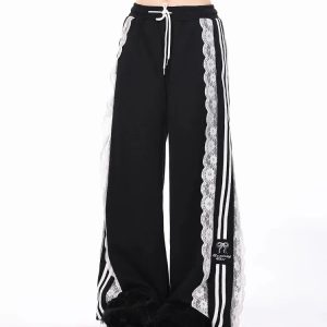 Noir Romance Y2K Aesthetic Track Pants for Grunge and Coquette Styles