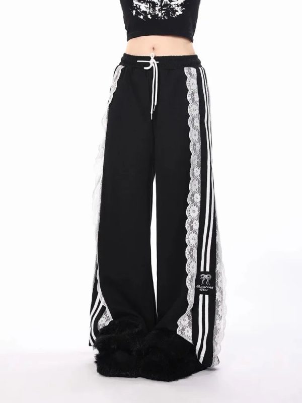 Noir Romance Y2K Aesthetic Track Pants for Grunge and Coquette Styles