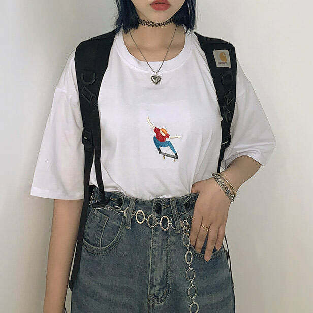 Nollie Y2K Embroidered Tee - Cute Top for Coquette & Grunge Aesthetics