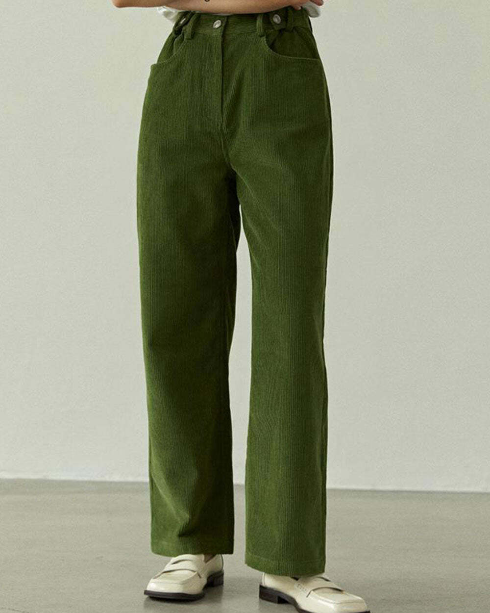 Olive Green Wide-Leg Cord Trousers for Y2K Aesthetic and Grunge Style