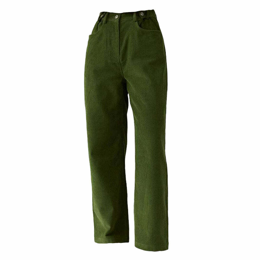 Olive Green Wide-Leg Cord Trousers for Y2K Aesthetic and Grunge Style