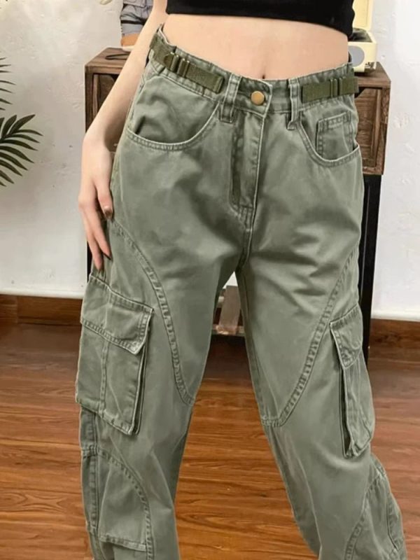 Olive Green Y2K Utility Cargo Pants for Trendy Aesthetic Outfits