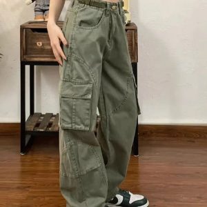 Olive Green Y2K Utility Cargo Pants for Trendy Aesthetic Outfits