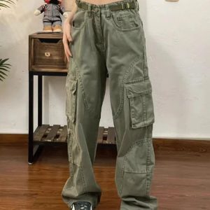 Olive Green Y2K Utility Cargo Pants for Trendy Aesthetic Outfits