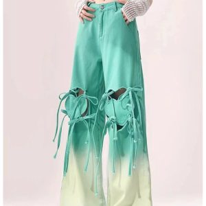 Ombre Cutout Lace-Up Pants for Y2K Aesthetic and Grunge Style Lovers