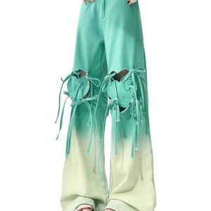 Ombre Cutout Lace-Up Pants for Y2K Aesthetic and Grunge Style Lovers