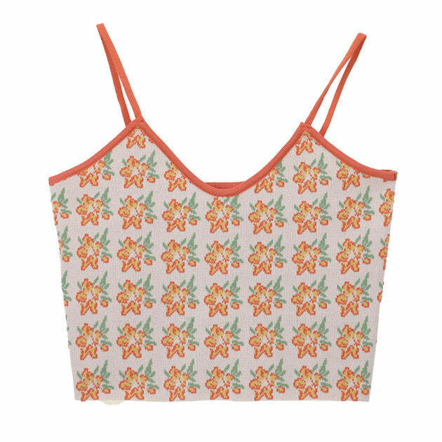 Orange Flower Knit Tank - Y2K Aesthetic Cute Top for Cozy Outfits