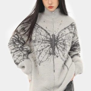 Oversized Butterfly Grunge Sweater for Y2K Aesthetic Lovers