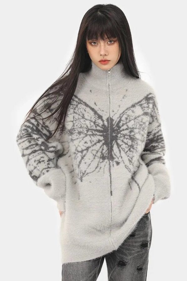 Oversized Butterfly Grunge Sweater for Y2K Aesthetic Lovers