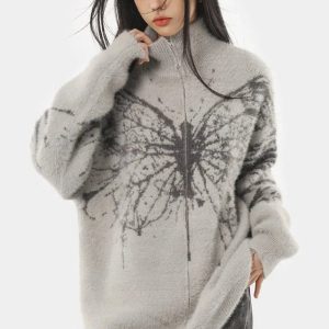 Oversized Butterfly Grunge Sweater for Y2K Aesthetic Lovers