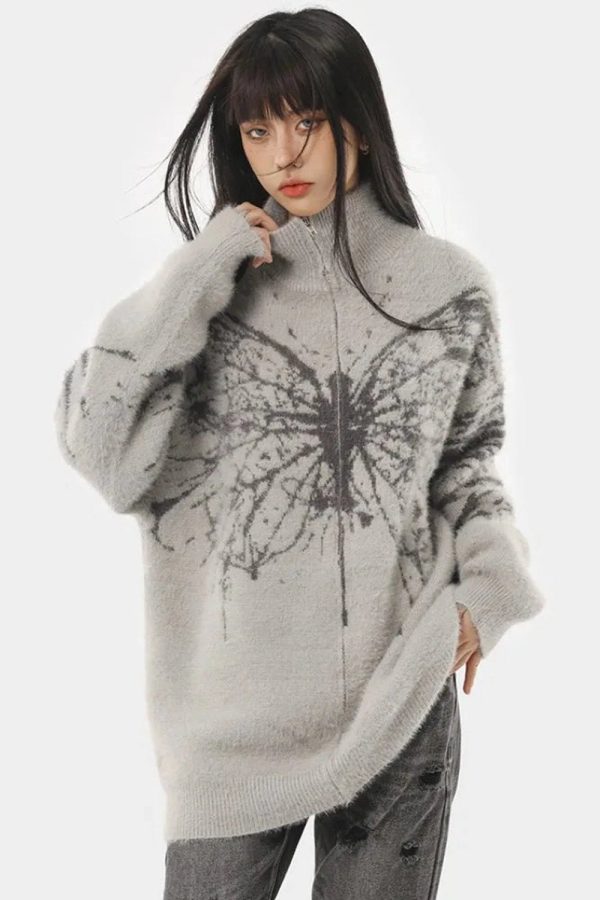 Oversized Butterfly Grunge Sweater for Y2K Aesthetic Lovers