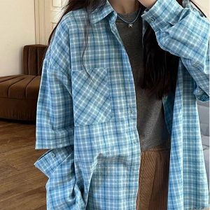 Oversized Sky Plaid Shirt - Y2K Aesthetic Grunge Style Top for Trendy Looks