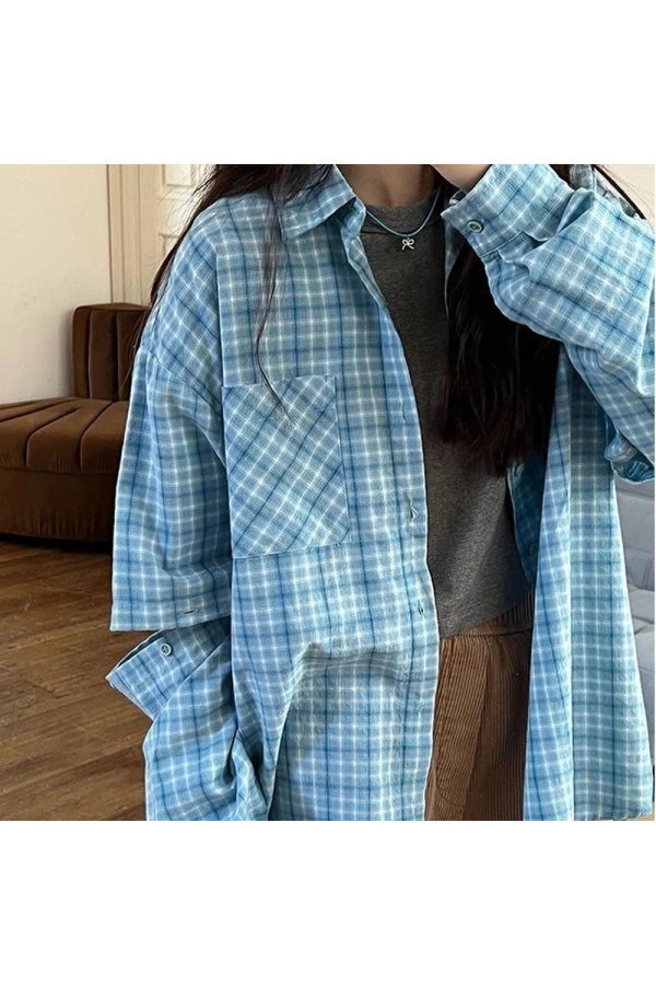 Oversized Sky Plaid Shirt - Y2K Aesthetic Grunge Style Top for Trendy Looks