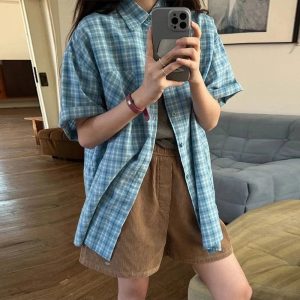 Oversized Sky Plaid Shirt - Y2K Aesthetic Grunge Style Top for Trendy Looks