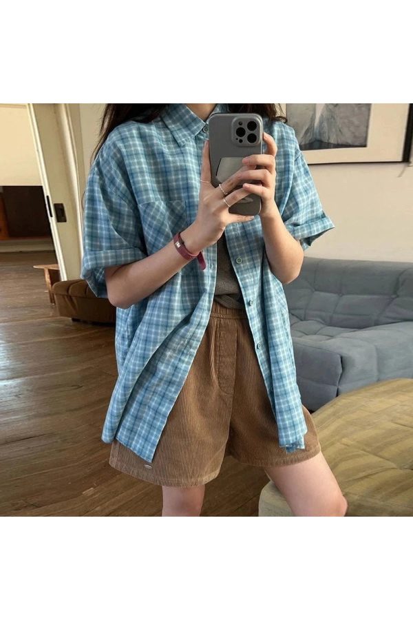 Oversized Sky Plaid Shirt - Y2K Aesthetic Grunge Style Top for Trendy Looks