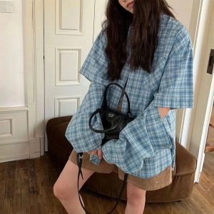 Oversized Sky Plaid Shirt - Y2K Aesthetic Grunge Style Top for Trendy Looks