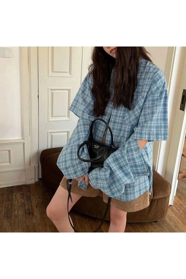 Oversized Sky Plaid Shirt - Y2K Aesthetic Grunge Style Top for Trendy Looks